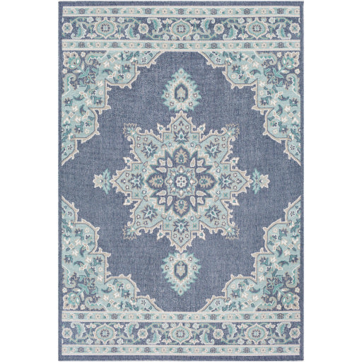 Alfresco Navy Background Teal Aqua Accents Outdoor Rug 3'7" X 5'7" by Homeportonline