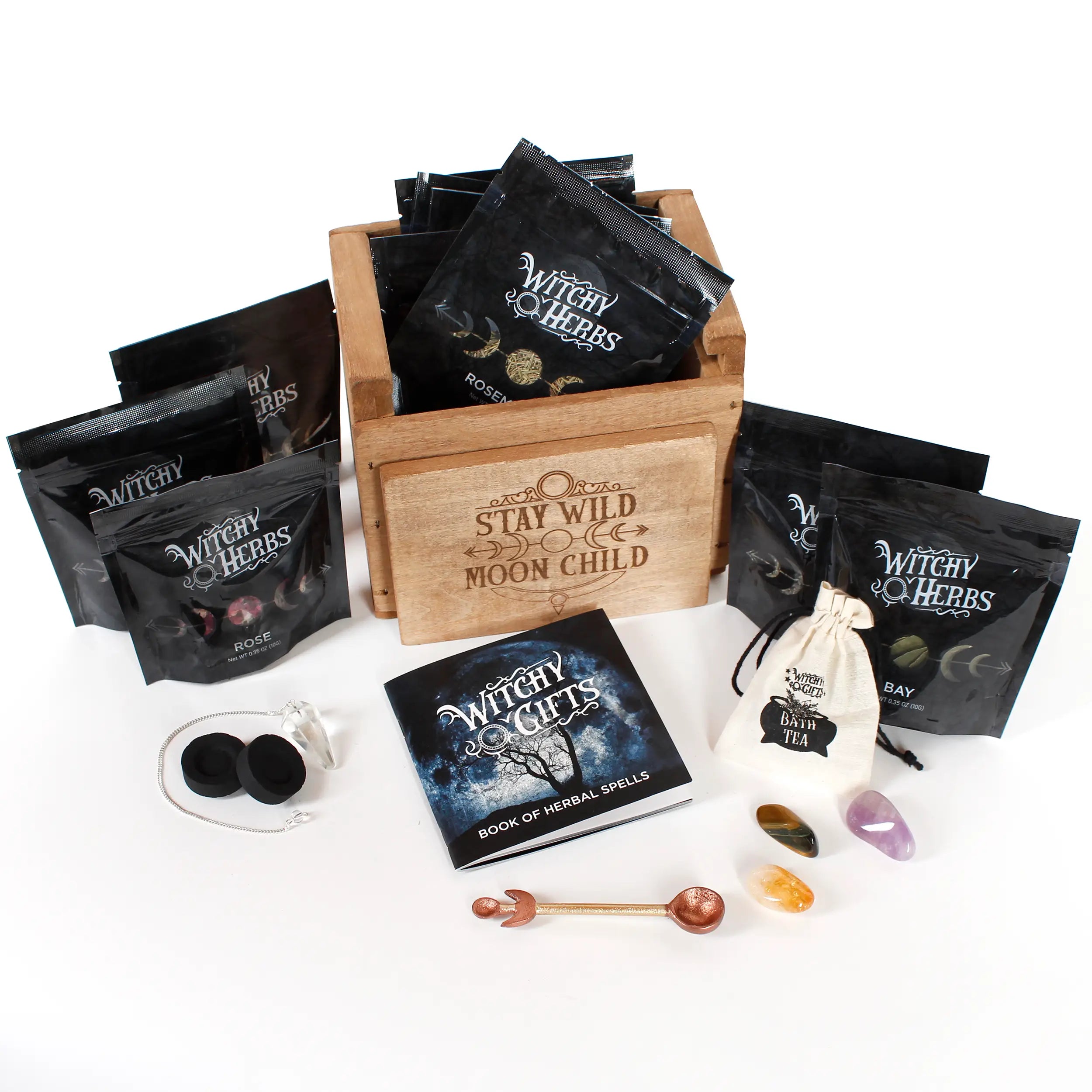 Witchcraft Kit with 10 Herbs, Crystals, and Spell book by Wild Lark
