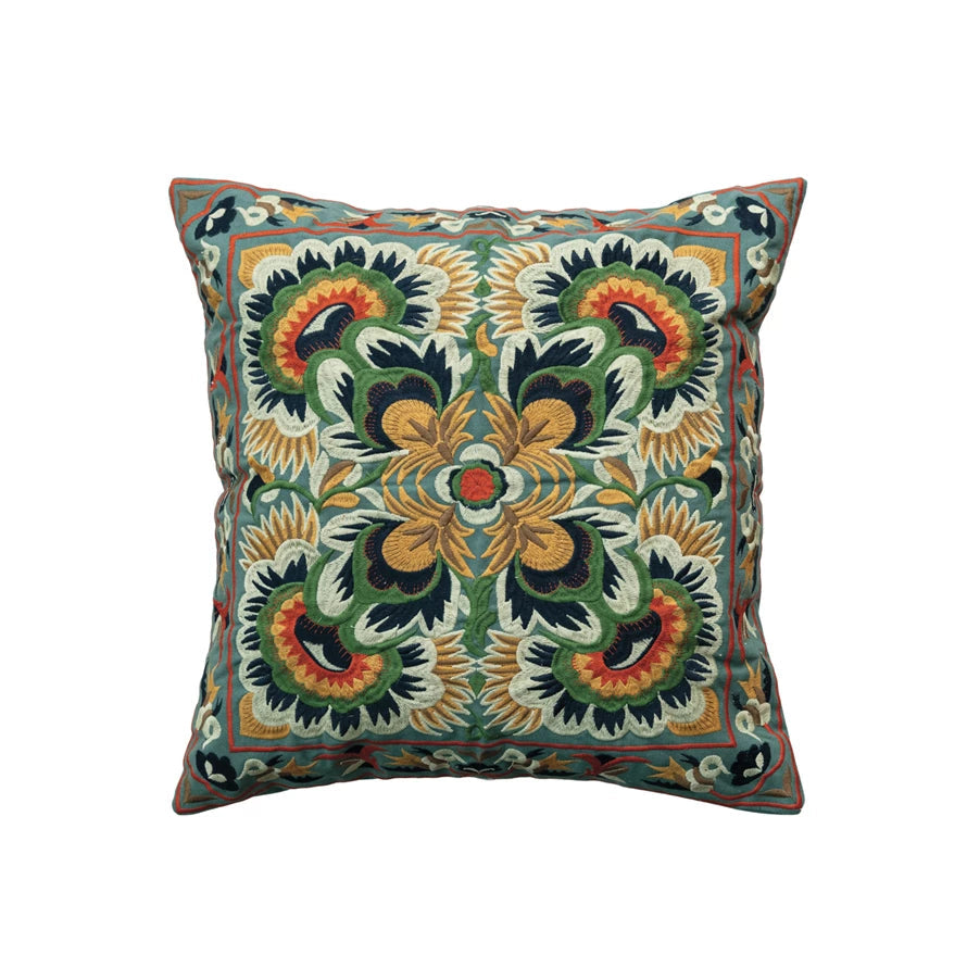 Pillow Cotton Embroidered Pattern Green 18" Square by Homeportonline