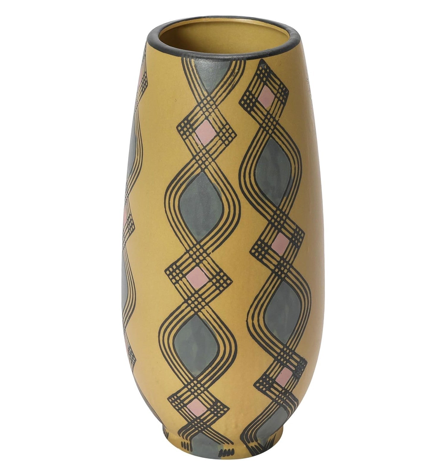 Vase Stoneware Hand Painted With Pattern Matte Blue, Lavender & Sand Color 9.75" High by Homeportonline