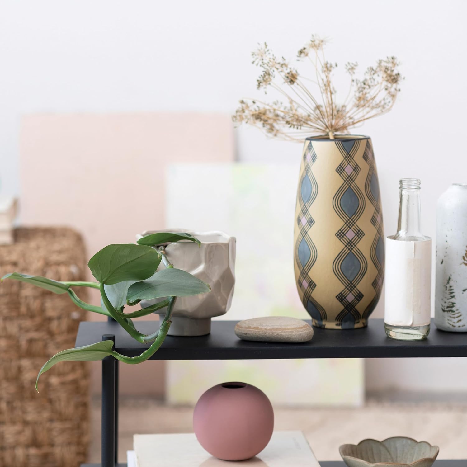 Vase Stoneware Hand Painted With Pattern Matte Blue, Lavender & Sand Color 9.75" High by Homeportonline