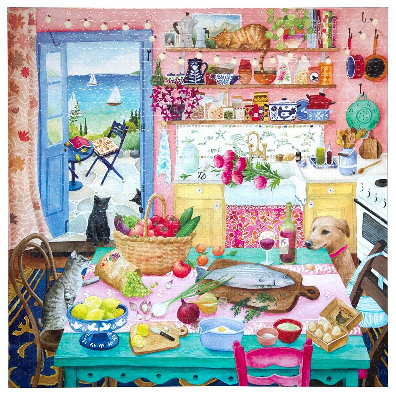 eeBoo Piece & Love: Pink Kitchen - 1000 Piece Puzzle - Adult Square Jigsaw  23x23   Includes Image Reference Insert  Glossy High-Quality Pieces