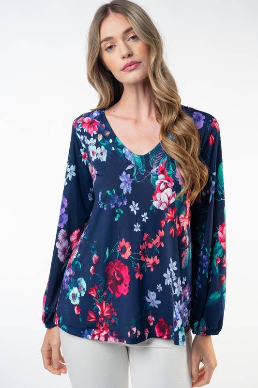 Navy Long Sleeve Floral Print Knit Top by SidePony Boutique