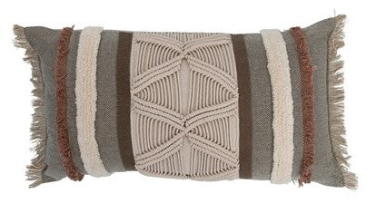 Pillow Lumbar Cotton Tufted Macrame and Fringe Neutral by Homeportonline