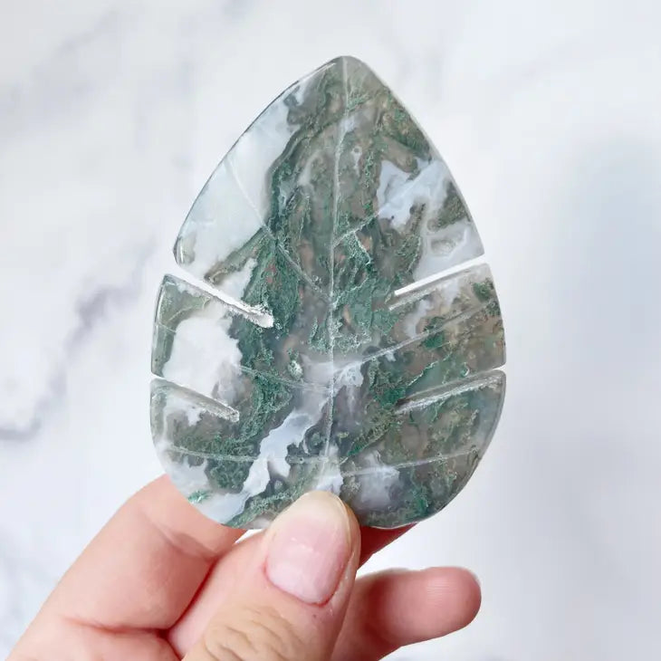 Moss Agate Monstera Leaf Carving