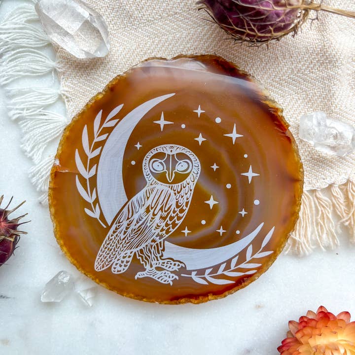 "Owl" Halloween Decor Engraved Agate Slice Gemstone Crystal