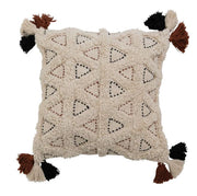 Pillow Cotton Slub Tufted, Kantha Stitch & Tassels Cream With Black & Rust 18" Square by Homeportonline