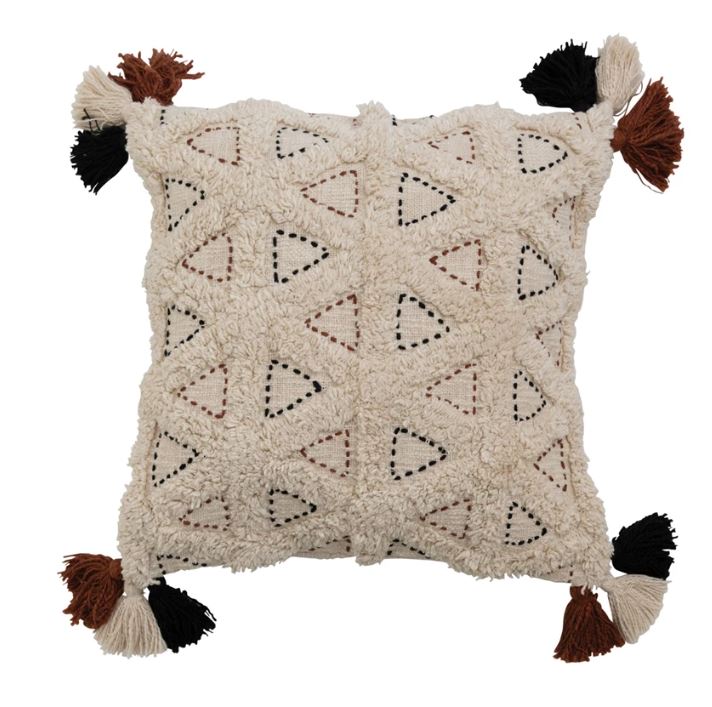Pillow Cotton Slub Tufted, Kantha Stitch & Tassels Cream With Black & Rust 18" Square by Homeportonline