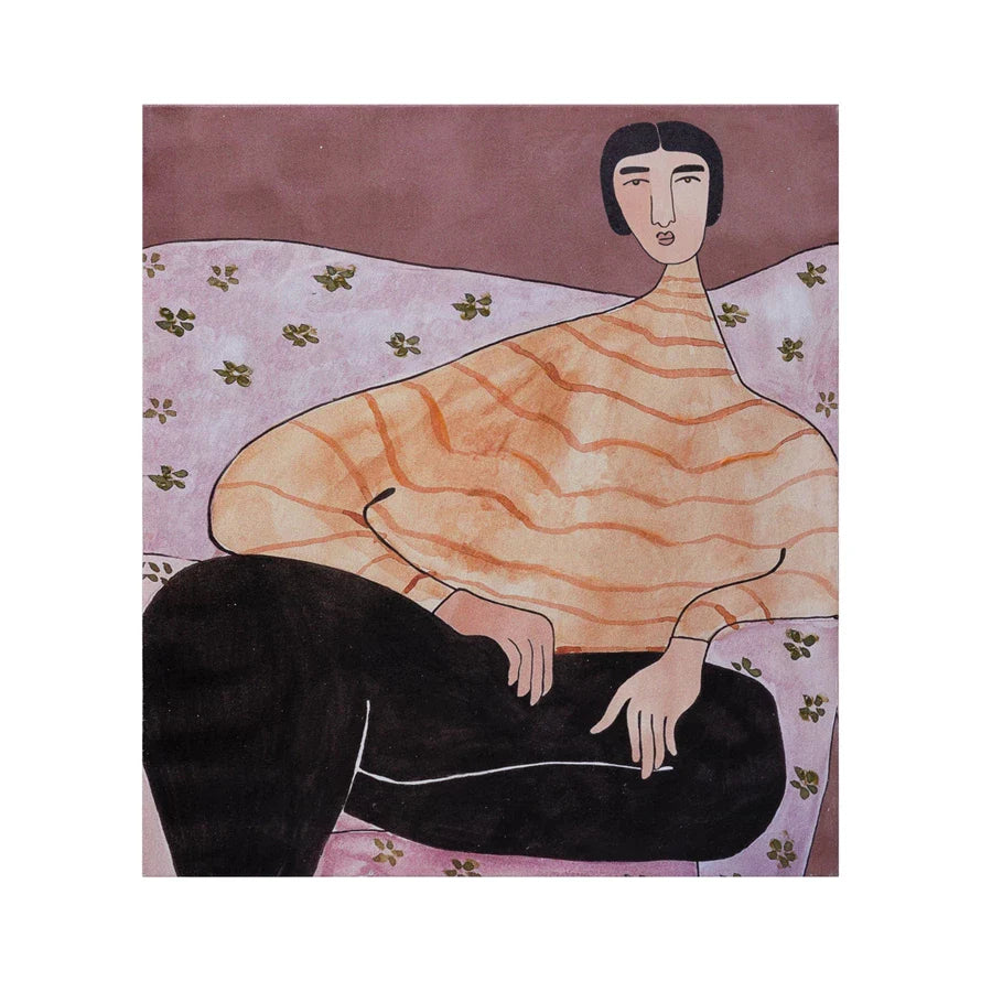Wall Décor Hand-Painted Canvas with Sitting Figure 20" x 18" by Homeportonline