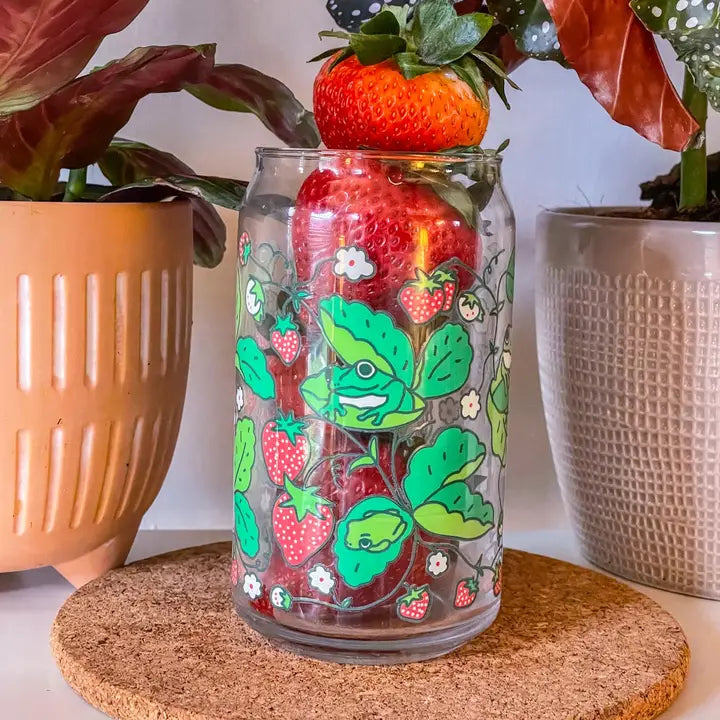 Strawberry Frog Can Glass| Cottage core, berries & frogs