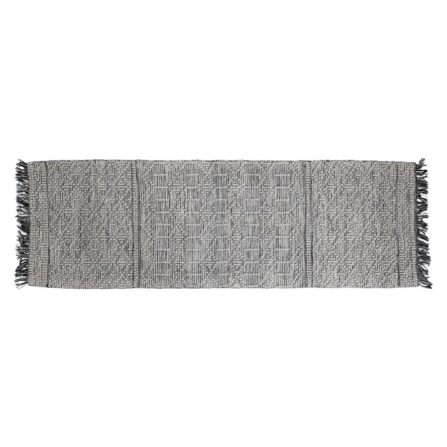Rug Floor Runner Dhurrie w/ Pattern and Fringe Grey 2 1/2' x 8' by Homeportonline