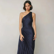 Dress Forum Satin One Shoulder Asymmetrical Pleated Dress