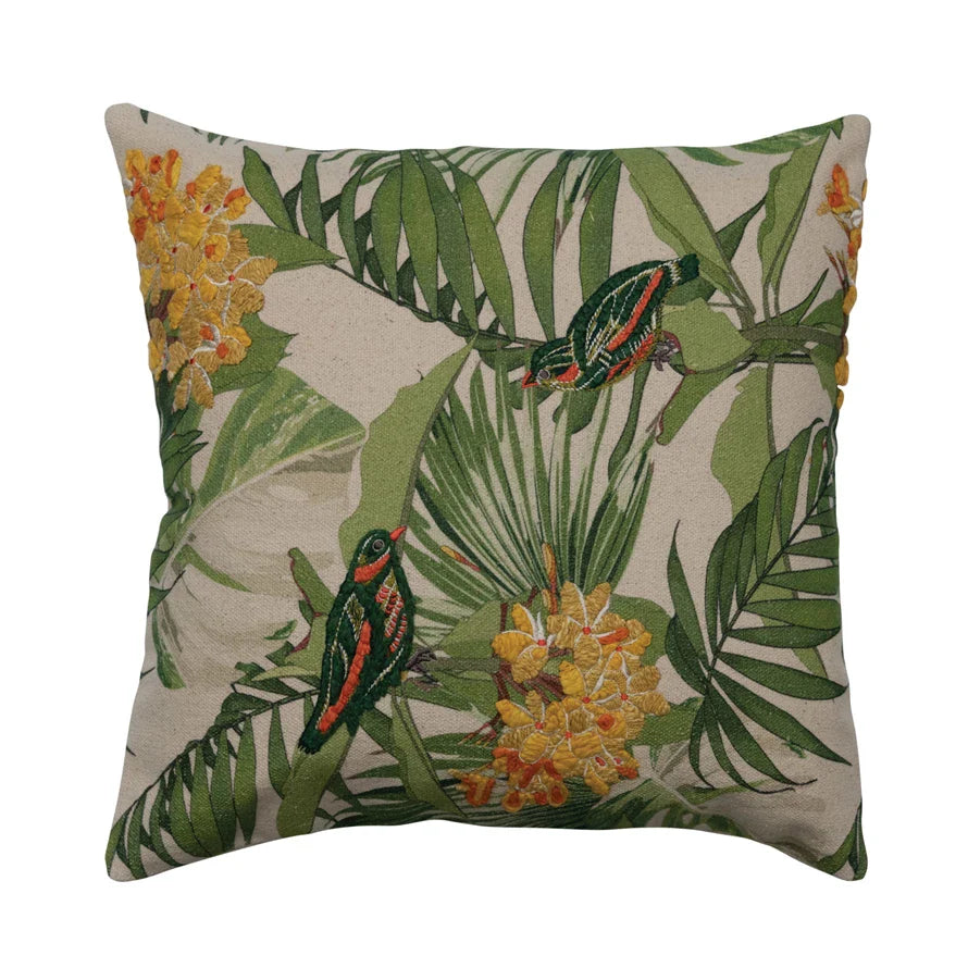 Throw Pillow Square Cotton Embroidery, Birds, Florals 20" by Homeportonline