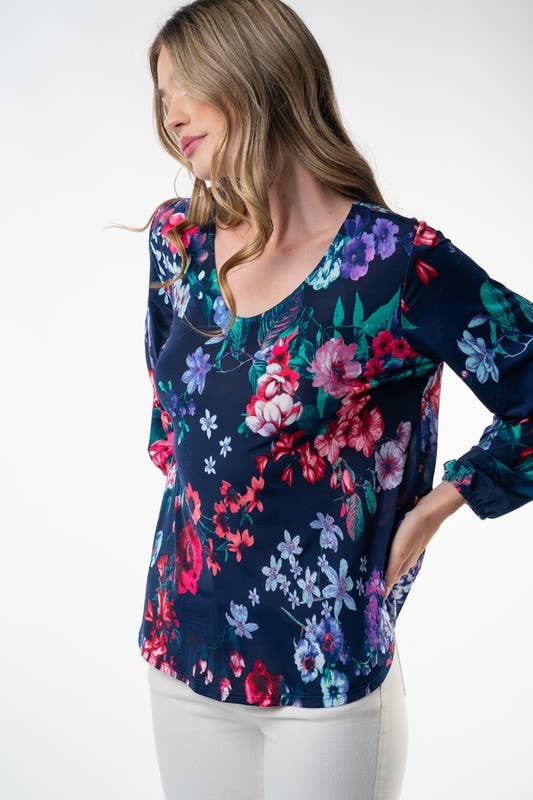 Navy Long Sleeve Floral Print Knit Top by SidePony Boutique