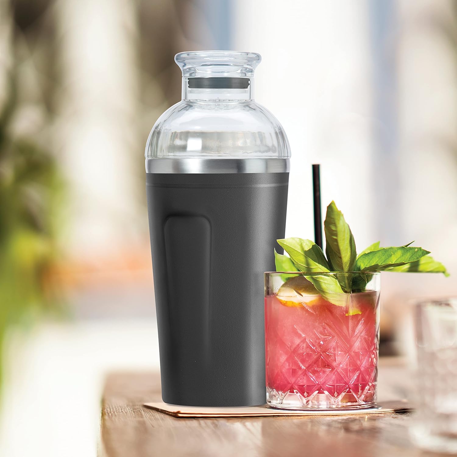 Cocktail Shaker - Groove Double Wall Stainless Steel 16oz Black by Homeportonline