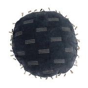 Pillow Round Cotton Velvet Embroidered w/ Metallic Embroidery and Tassels Blue and Silver 16" by Homeportonline