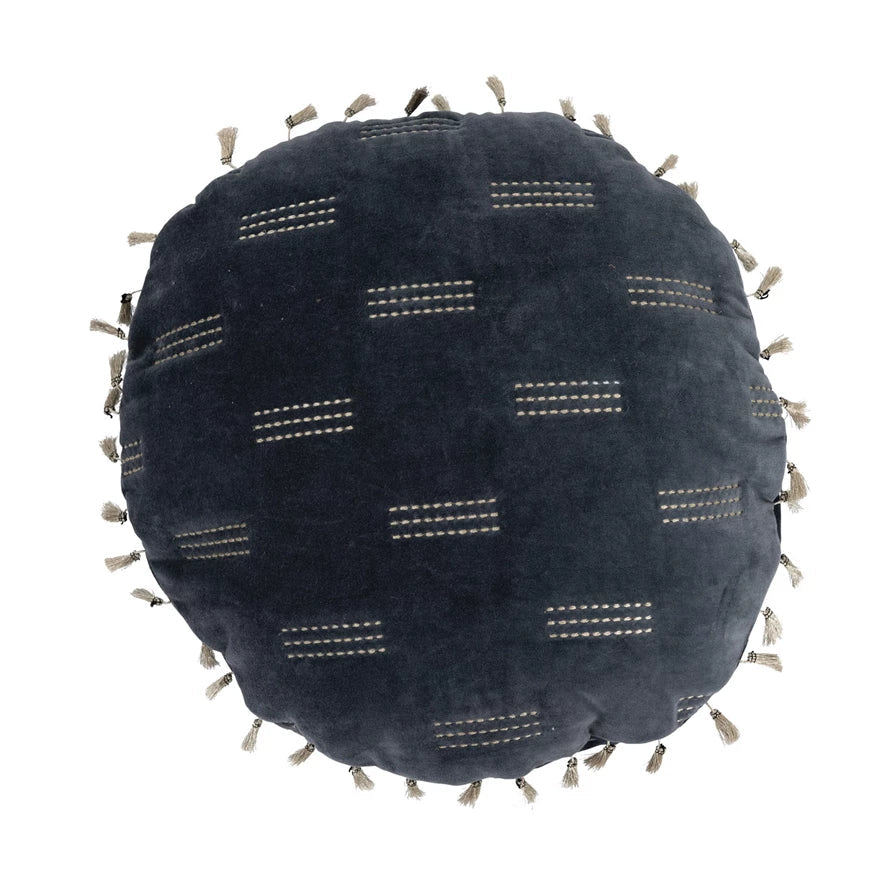 Pillow Round Cotton Velvet Embroidered w/ Metallic Embroidery and Tassels Blue and Silver 16" by Homeportonline