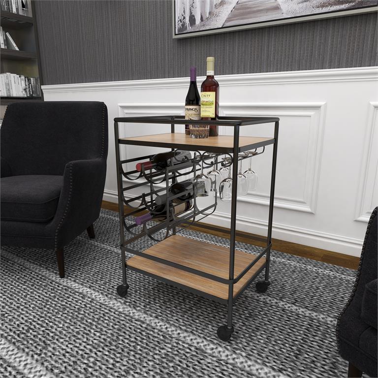 Brown Wood Rolling 2 Shelf Bar Cart by Homeportonline