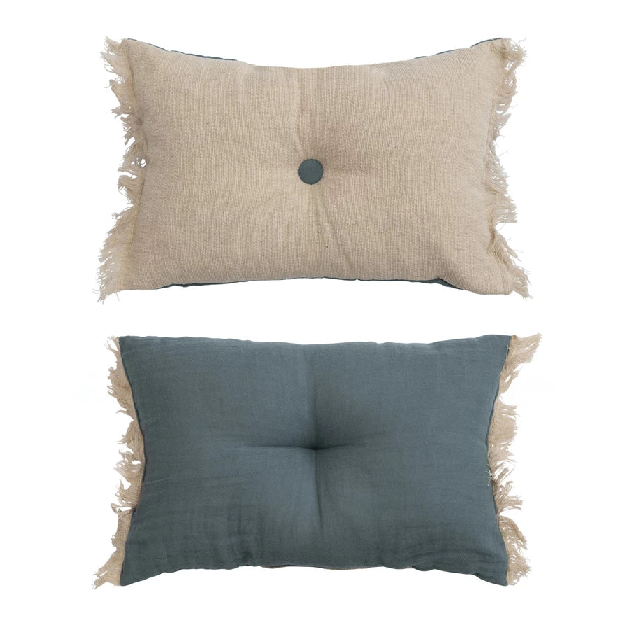 Lumbar Pillow Tufted Button & Fringe Linen Blend Blue & Natural 16" x 10" by Homeportonline