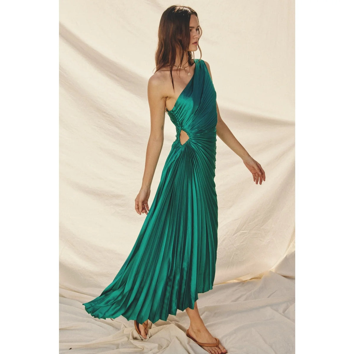 Dress Forum Satin One Shoulder Asymmetrical Pleated Dress