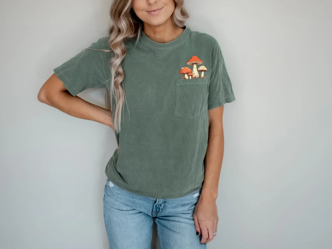 Forest Fungi Green Pocket T-Shirt - Nature Lover's Tee