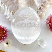 Etched Selenite Palmstone "Mystic Luna Moth"