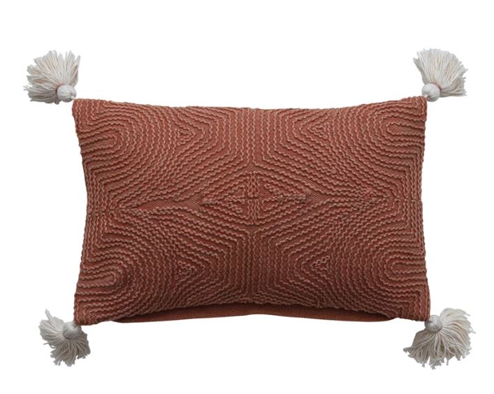 Pillow Lumbar Cotton Embroidered With Tassels Terracotta 10" x 16" by Homeportonline