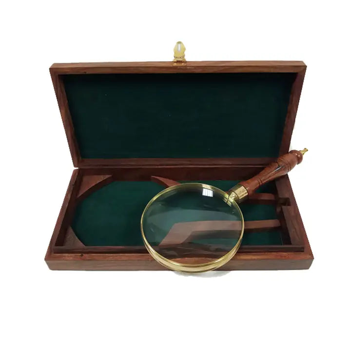 9-1/4" Brass and Wood Magnifier Glass with Storage Case
