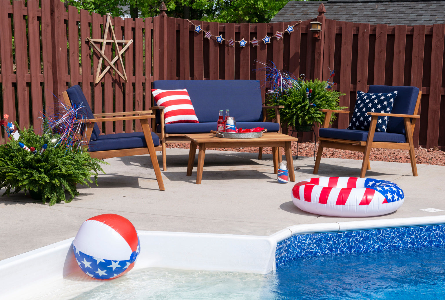 Cosgrove Acacia Wood Outdoor Loveseat Blue Cushion by Homeportonline