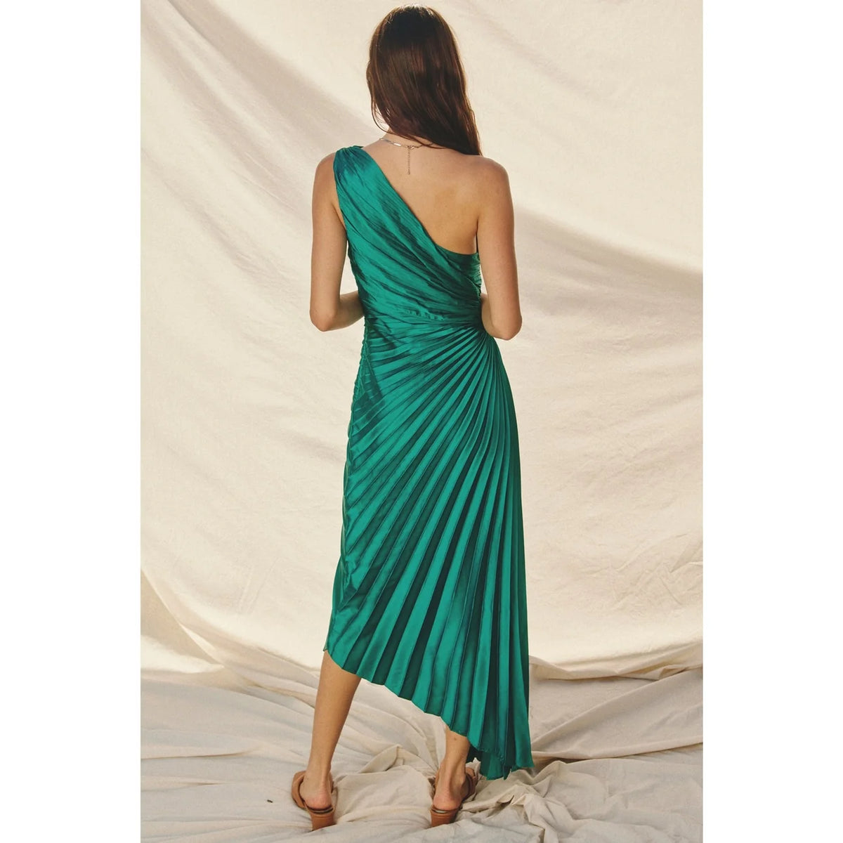 Dress Forum Satin One Shoulder Asymmetrical Pleated Dress