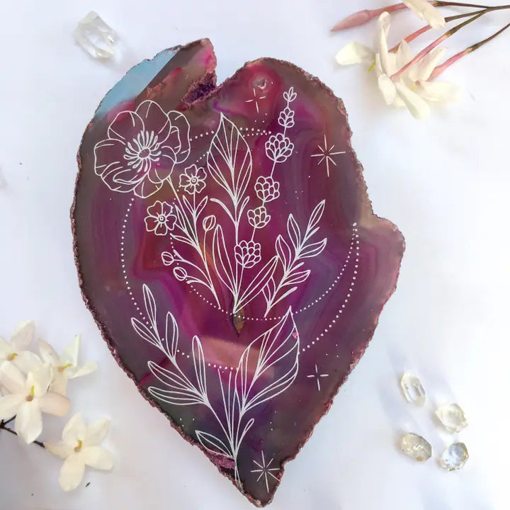 "Moon Blooms" Agate Slice Floral Spring Home Decor Crystal