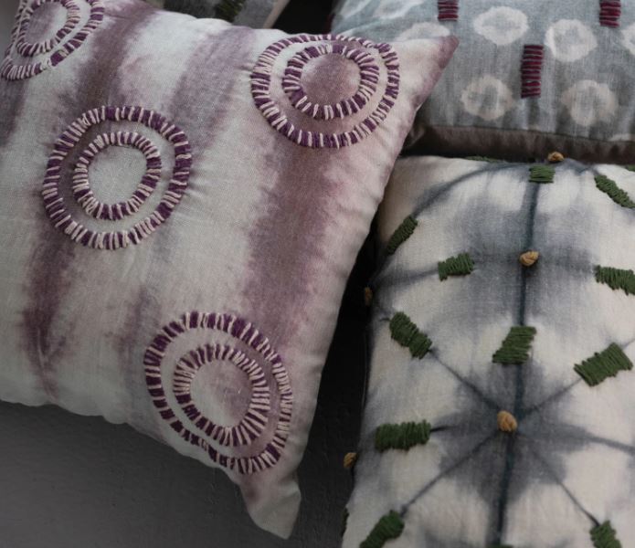 Pillow Tie Dye Embroidered Linen Grey 18" Square by Homeportonline
