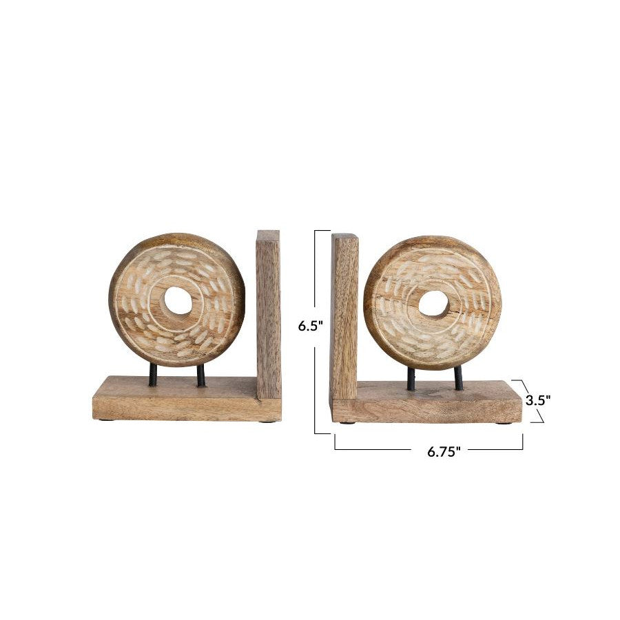 Bookends Mango Wood & Metal Circle on Stand Natural Sold As A Pair 6.5" High by Homeportonline