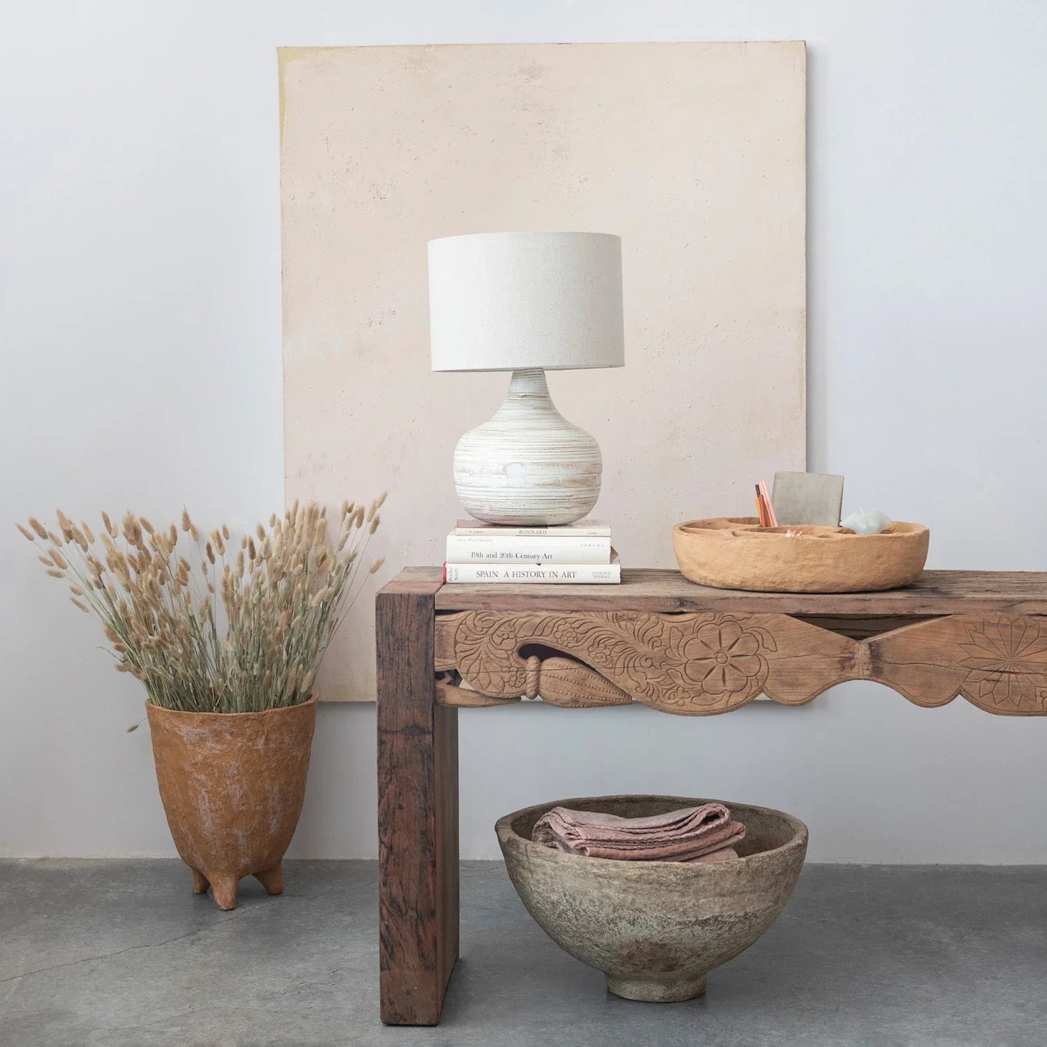 Lamp Tabletop Bamboo Whitewashed With Linen Shade 14" Round x 21-1/4"H by Homeportonline