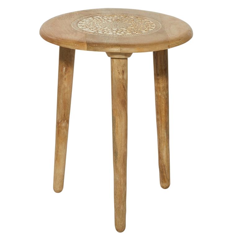 Table Carved Medallion Mango Wood Natural 17"d x 22" High by Homeportonline