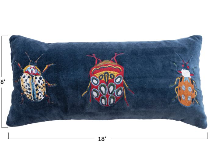 Pillow Lumbar Beetles Embroidered Velvet Navy 8" x 18" by Homeportonline