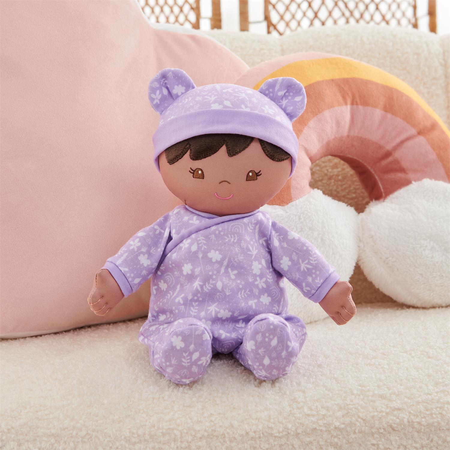 Plush Baby Doll Sustainable Leilani Dressed In A Lavender Onesie by Homeportonline