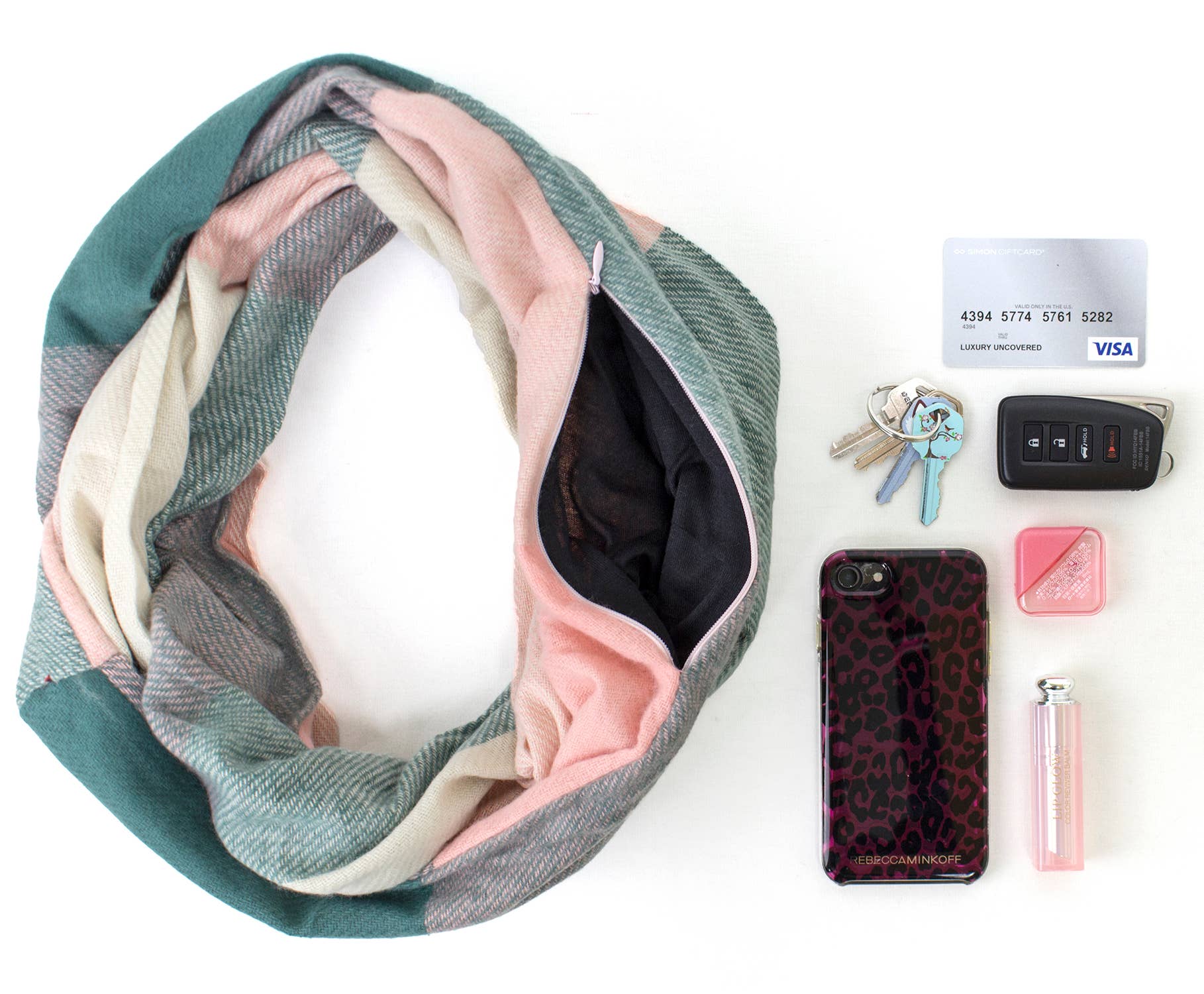 Stylish Plaid Infinity Scarf with Hidden Zipper: Muted Green & Red by SidePony Boutique