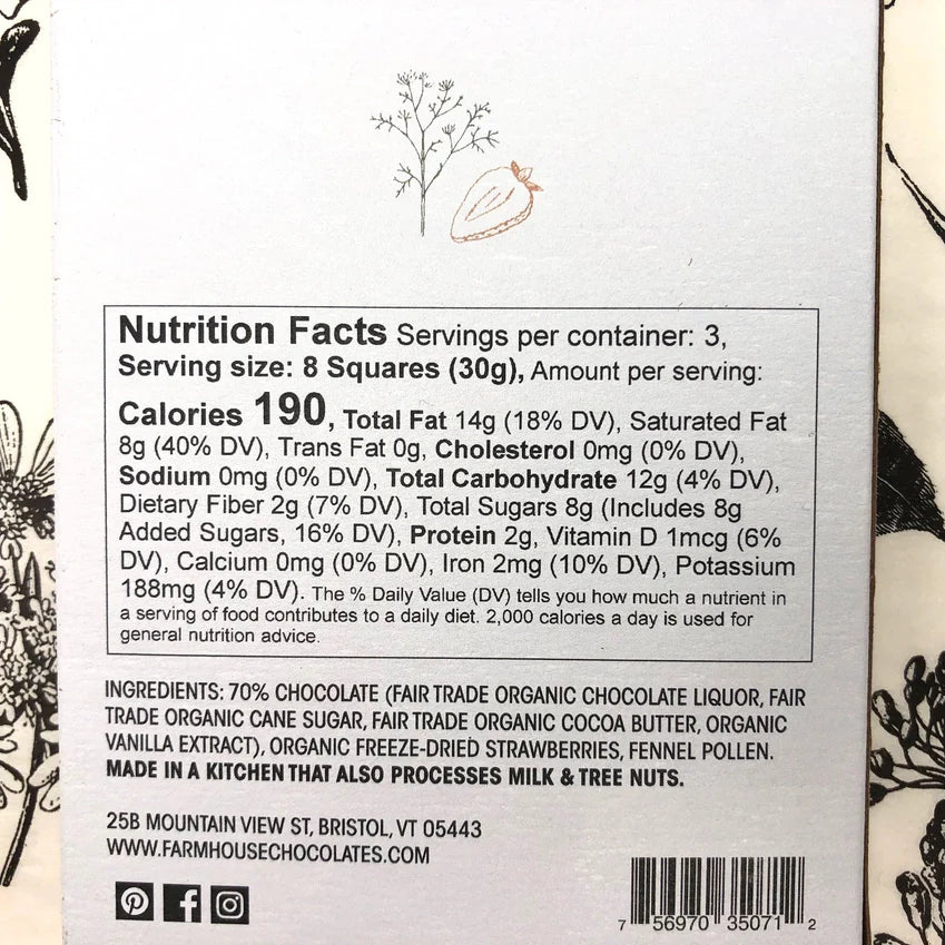 71% Organic Chocolate Bar w/ Fennel Pollen & Strawberries