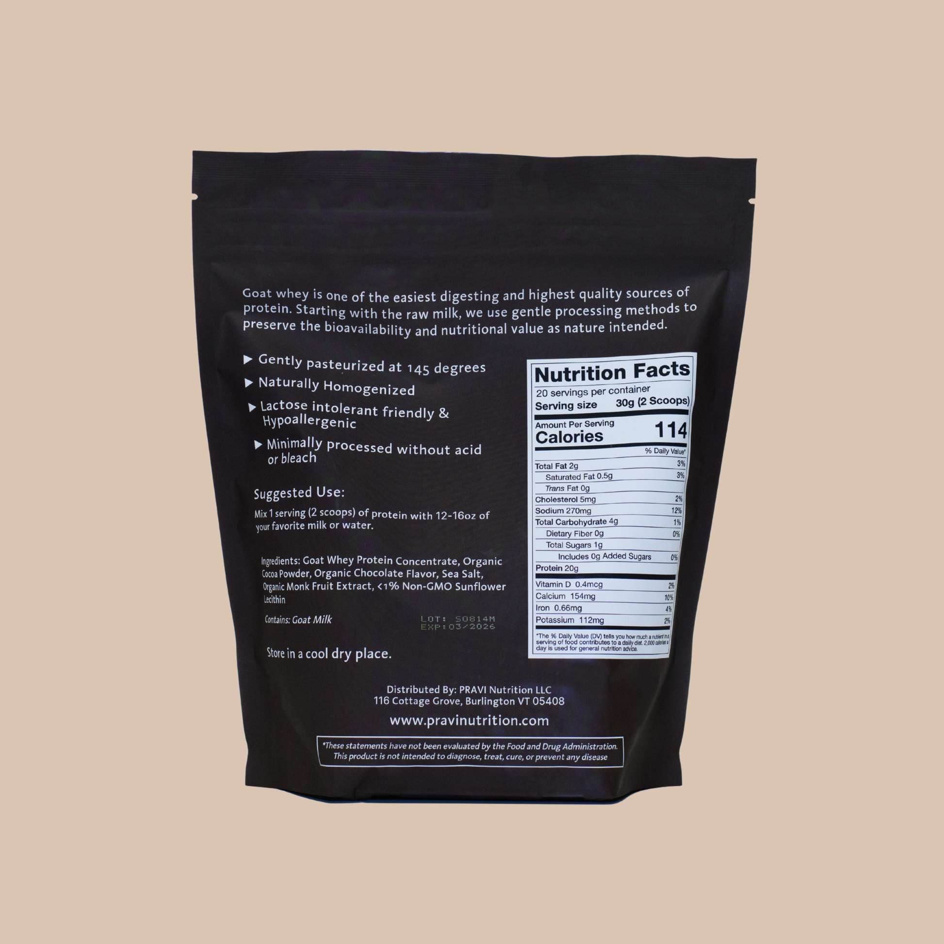 Chocolate Goat Whey Protein by PRAVI Nutrition