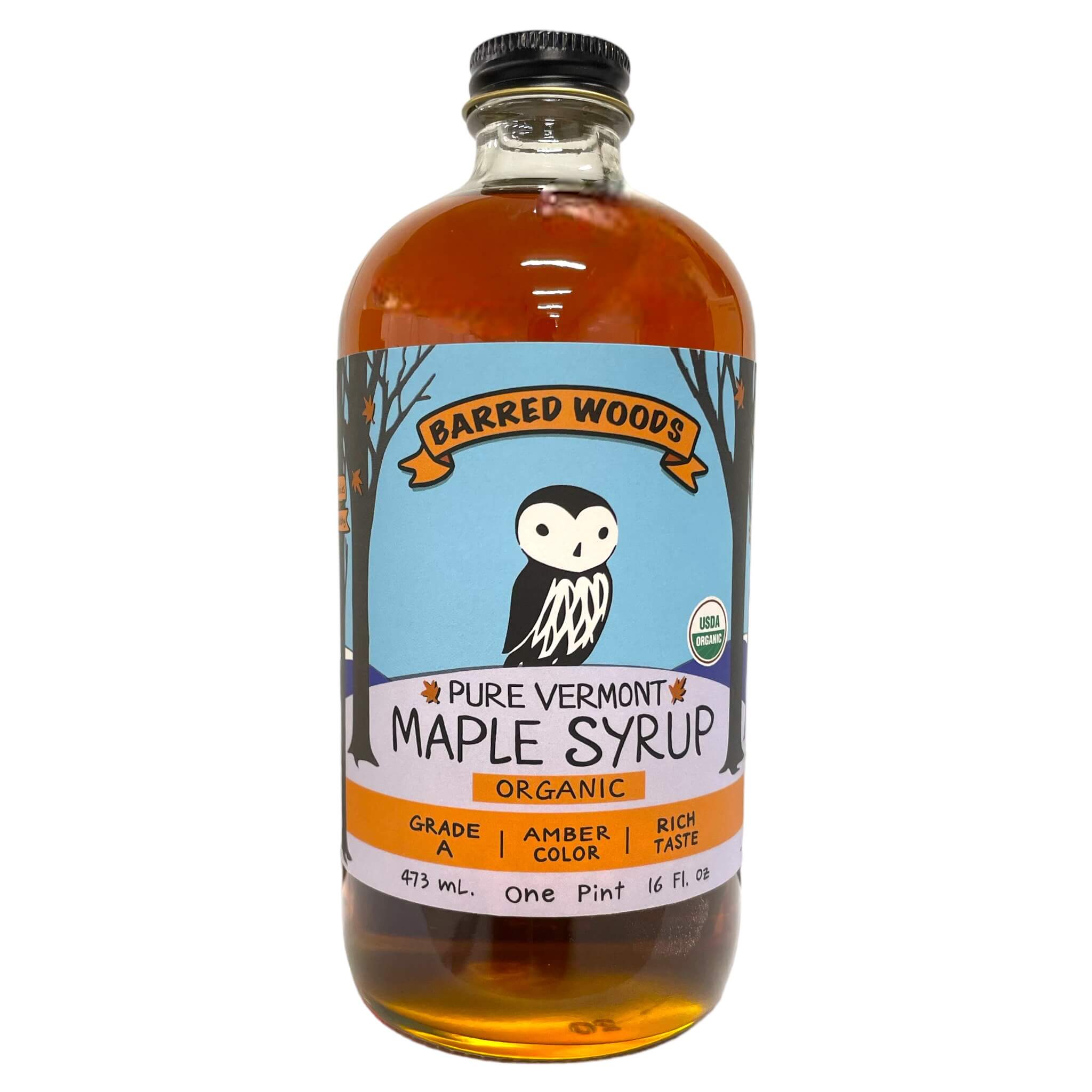 Pint Glass Bottle of Pure Organic Vermont Maple Syrup - 16 oz by Barred Woods Maple