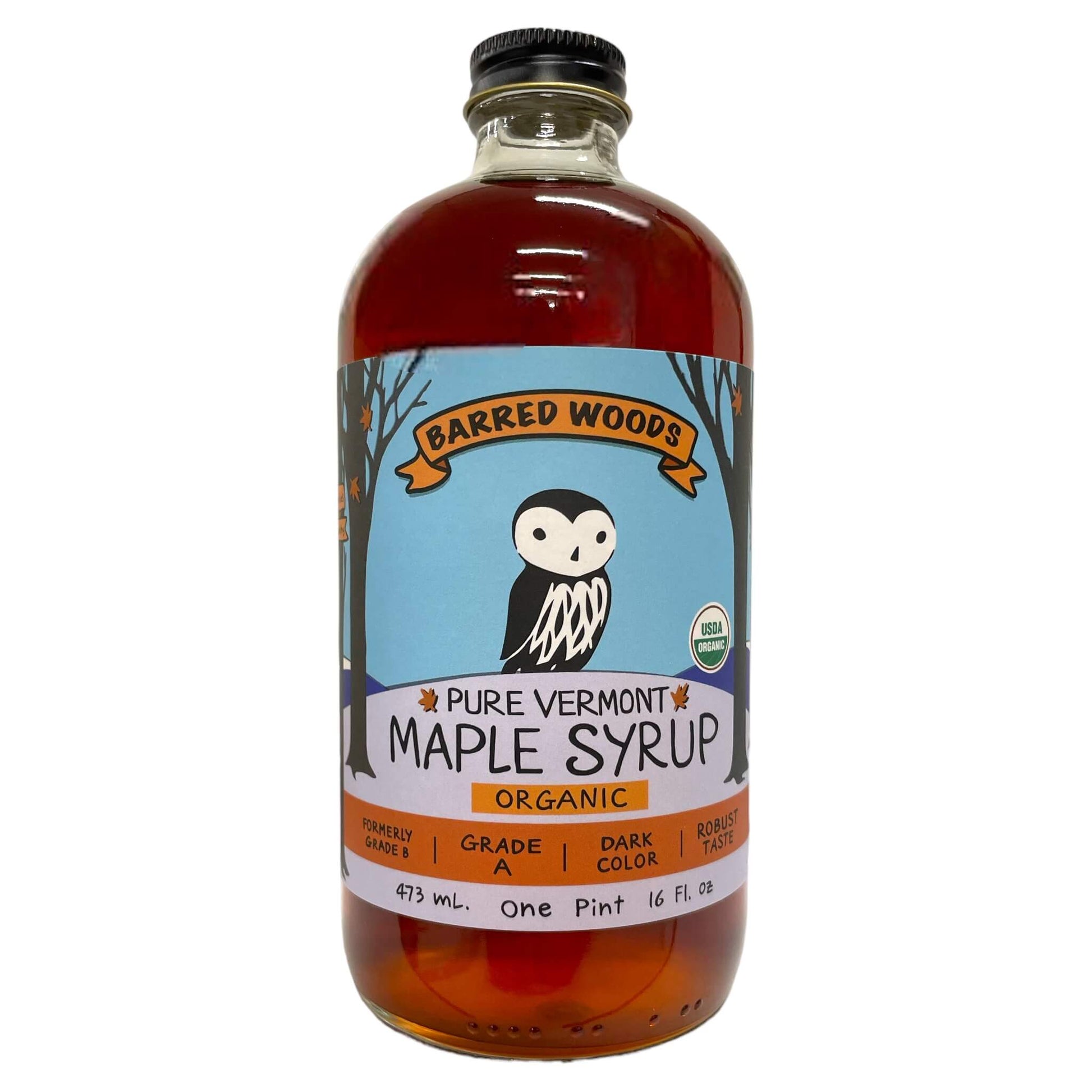 Pint Glass Bottle of Pure Organic Vermont Maple Syrup - 16 oz by Barred Woods Maple