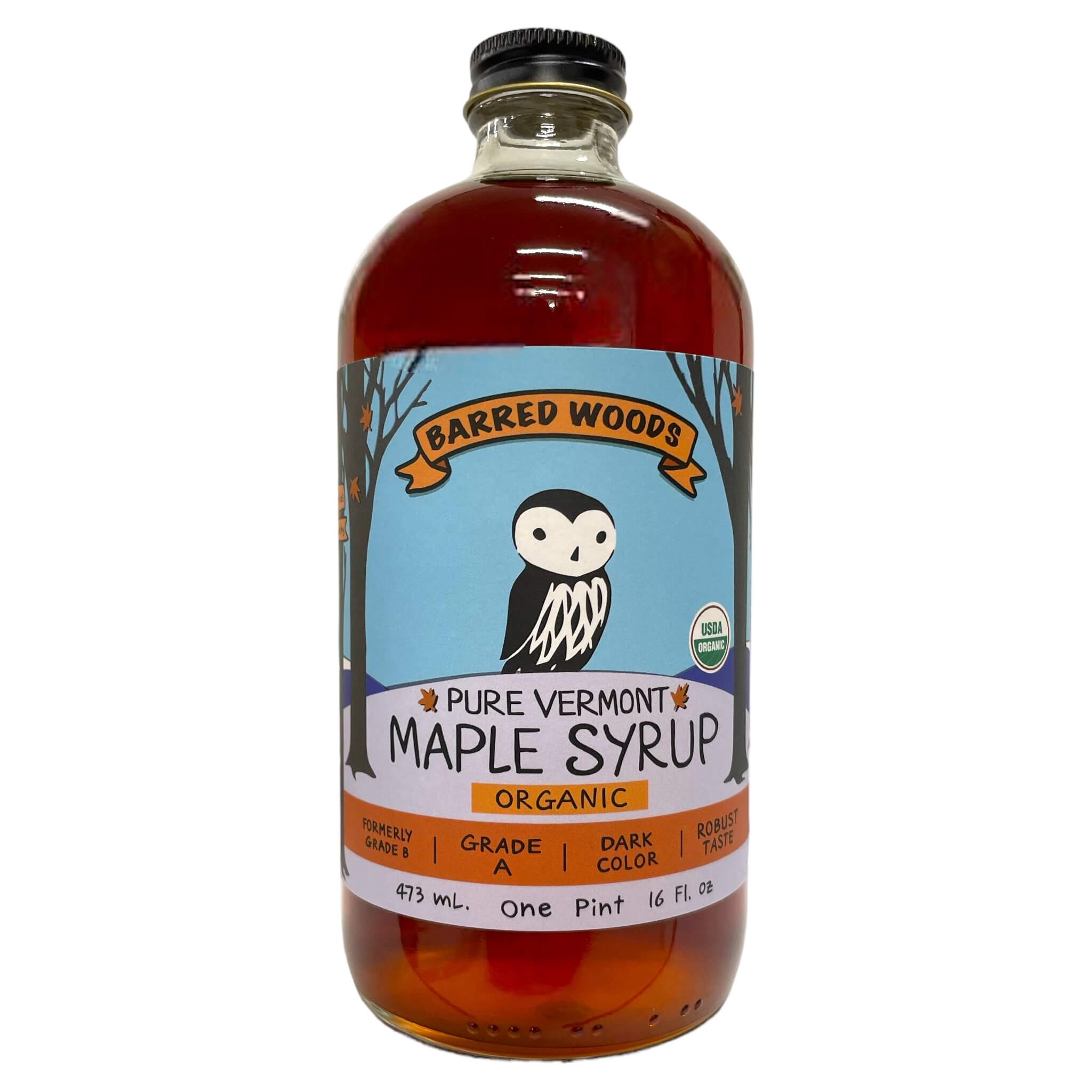 Pint Glass Bottle of Pure Organic Vermont Maple Syrup - 16 oz by Barred Woods Maple