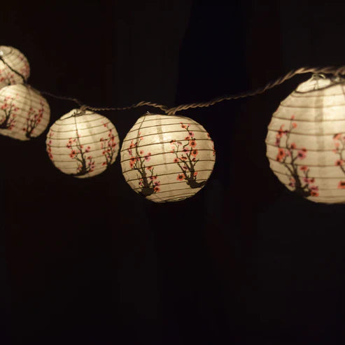 String Lights Paper Lanterns Set of 10 4" Round Cherry Blossom by Homeportonline