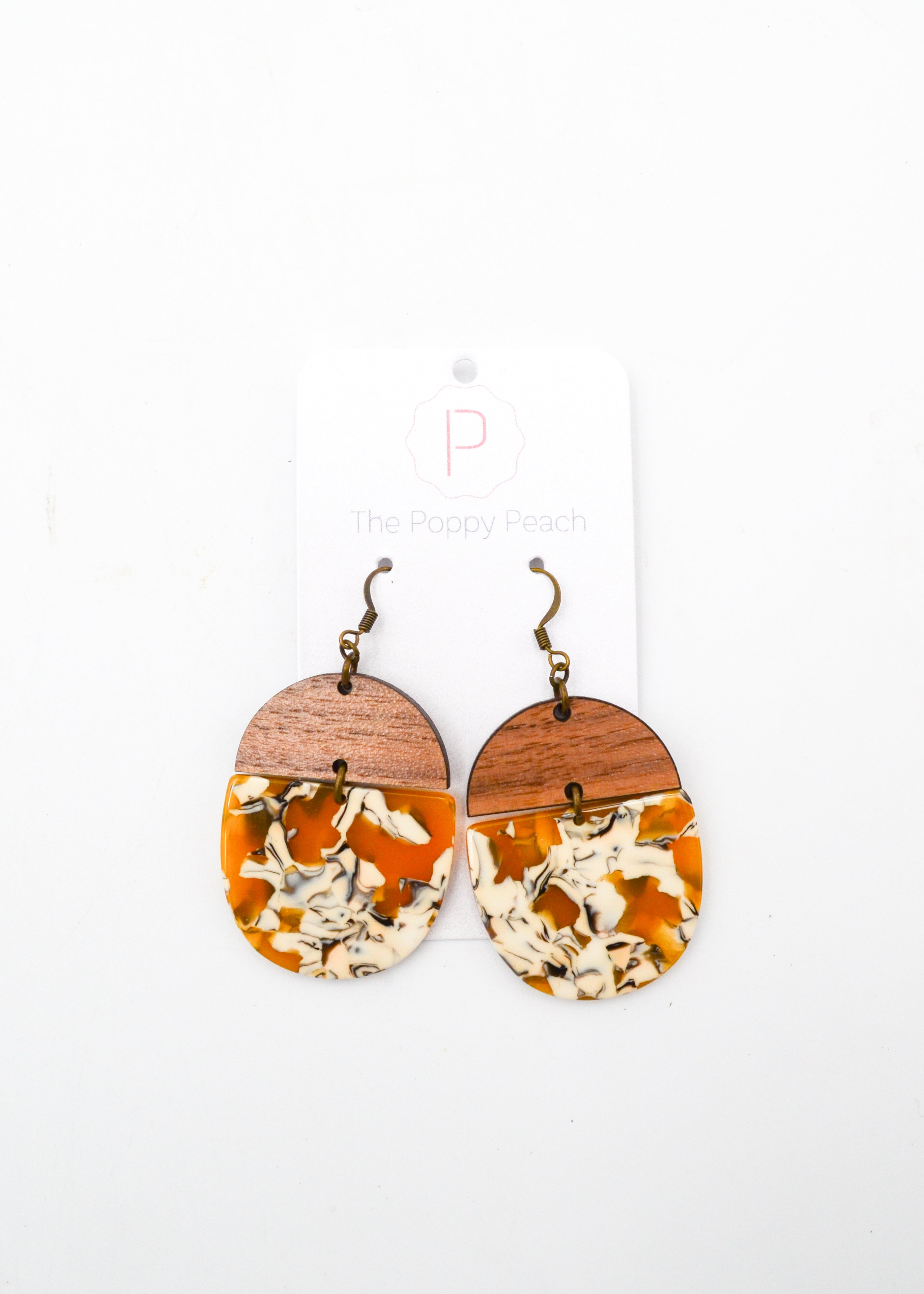 The Poppy Peach -Wood and Tortoiseshell Round Earrings