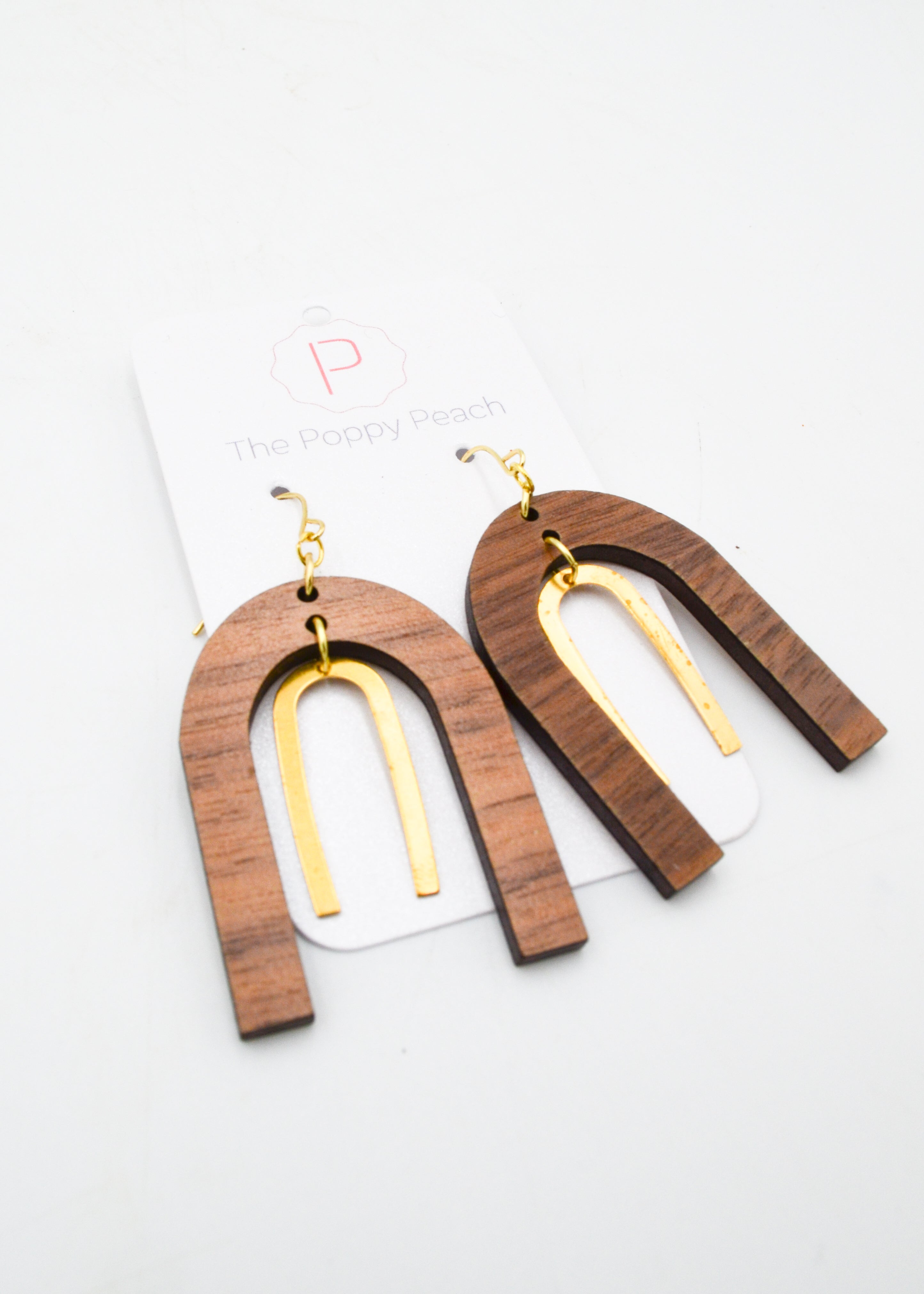 The Poppy Peach - Wood and Gold Arch Earrings