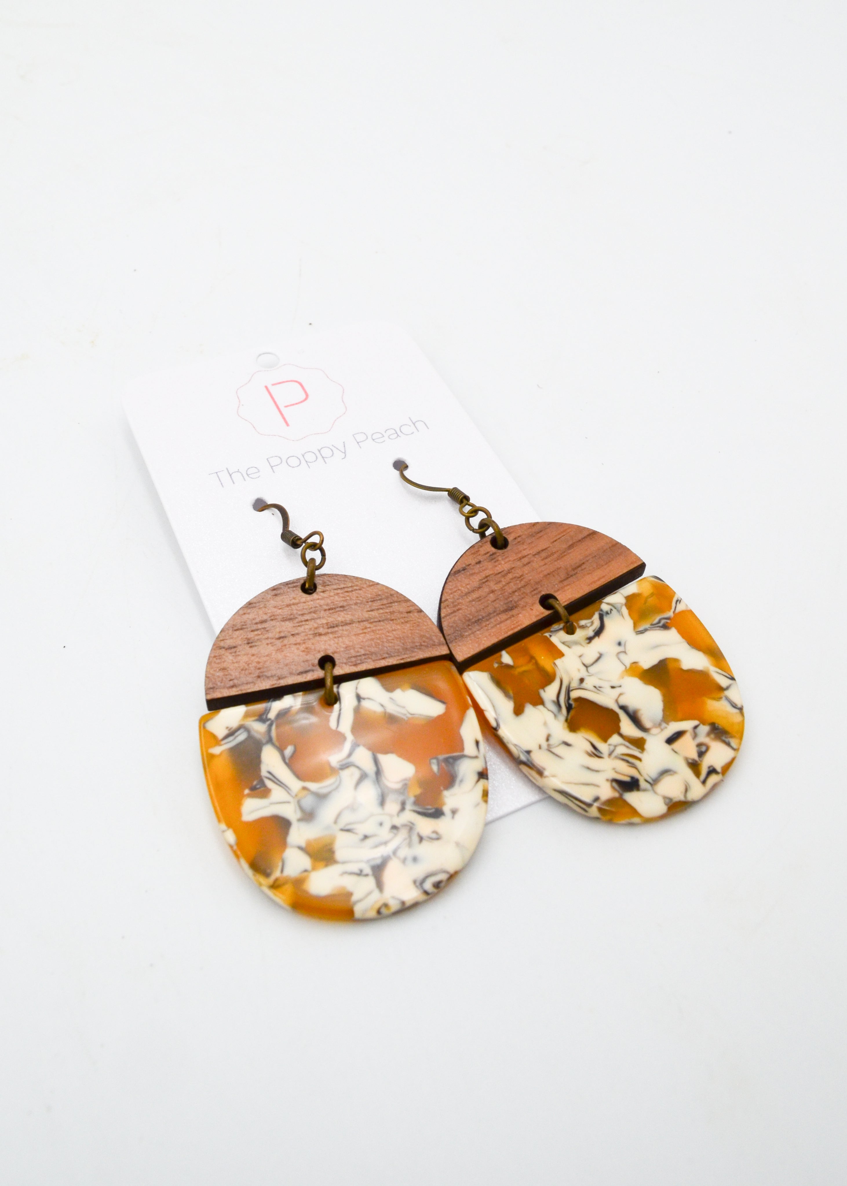 The Poppy Peach -Wood and Tortoiseshell Round Earrings