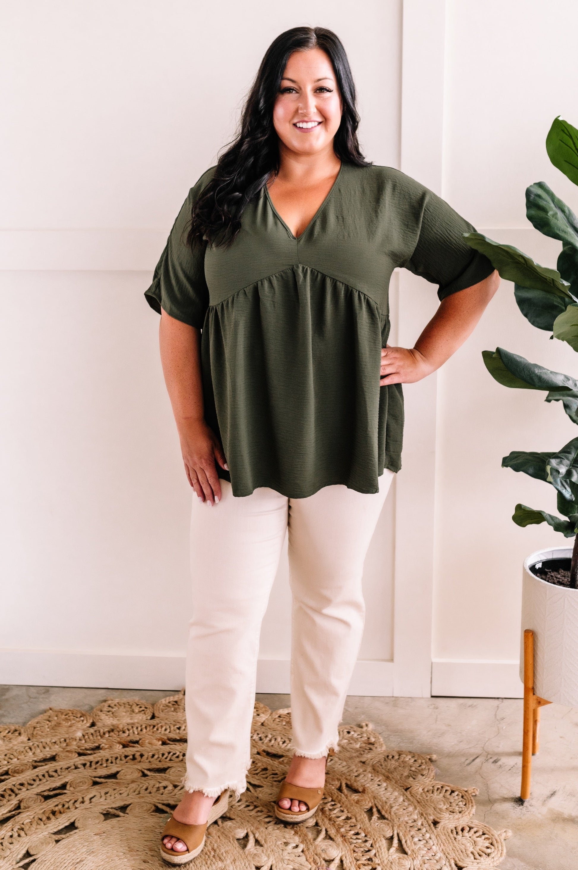 V Neck Babydoll Blouse In Olive by SidePony Boutique