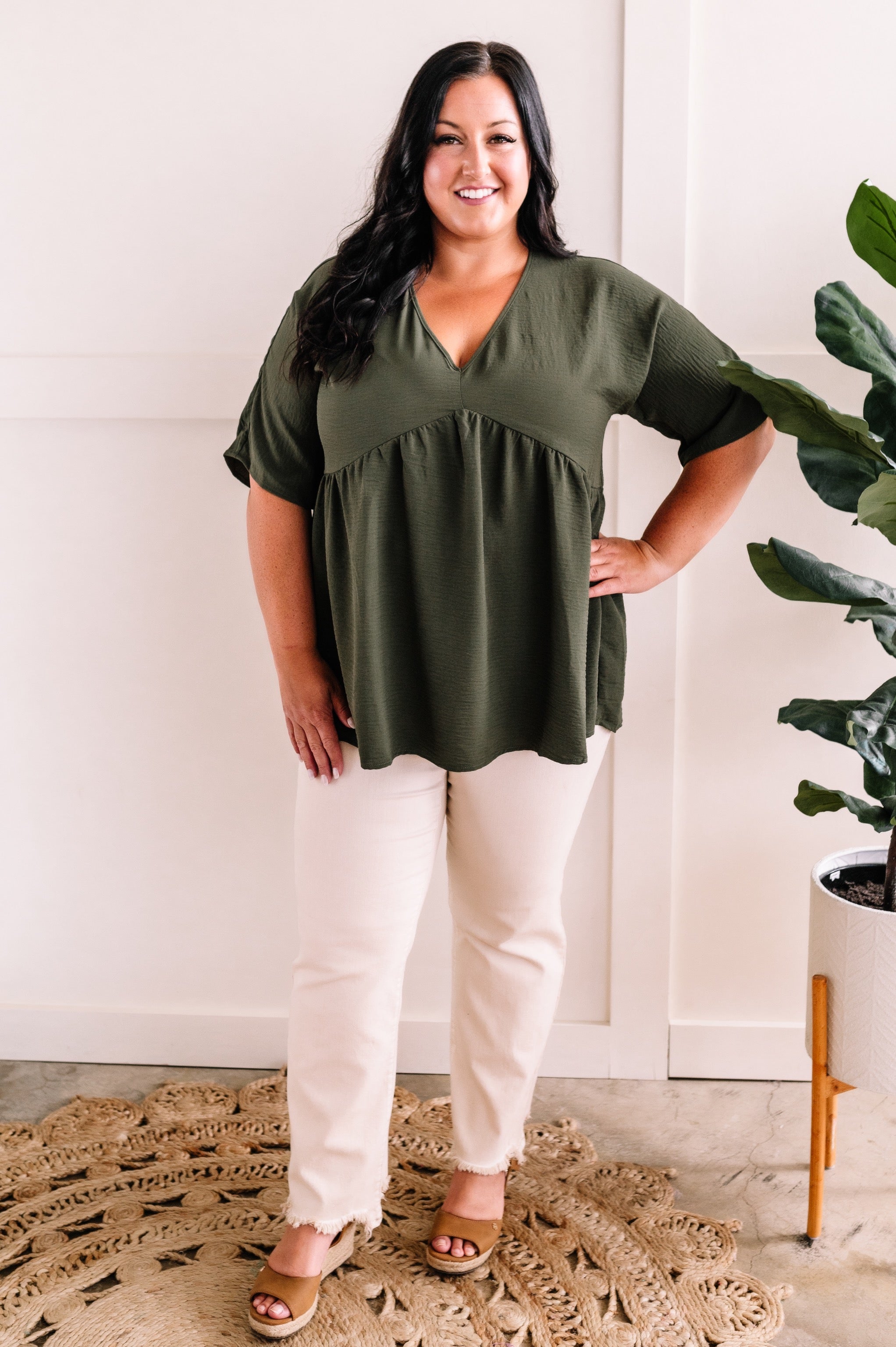 V Neck Babydoll Blouse In Olive by SidePony Boutique