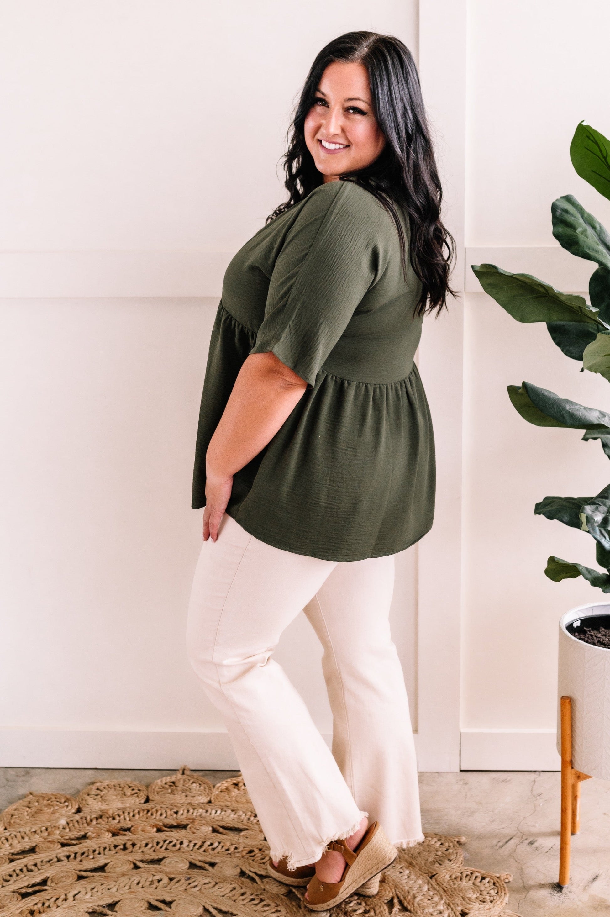 V Neck Babydoll Blouse In Olive by SidePony Boutique